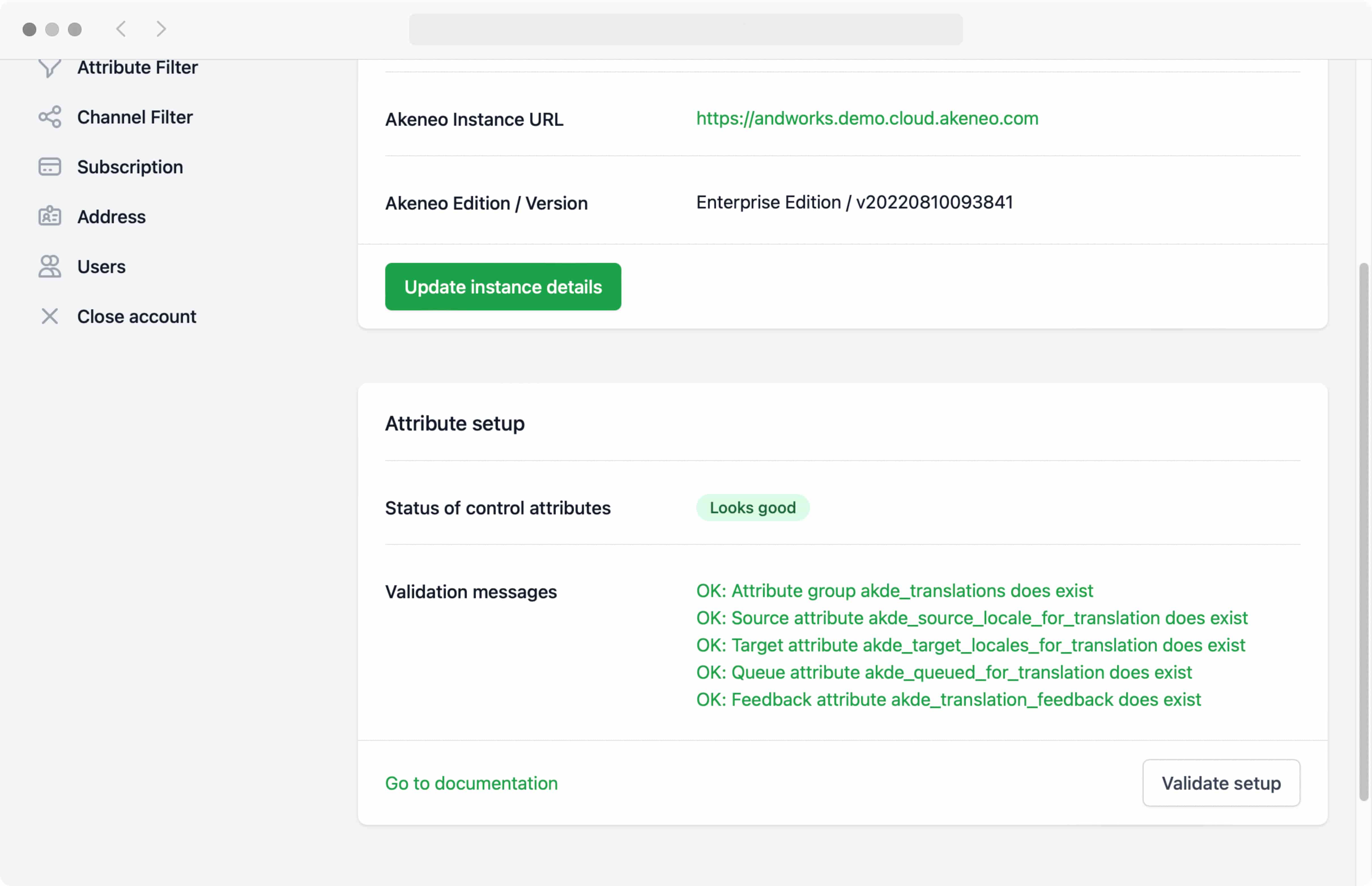 attribute setup validation result