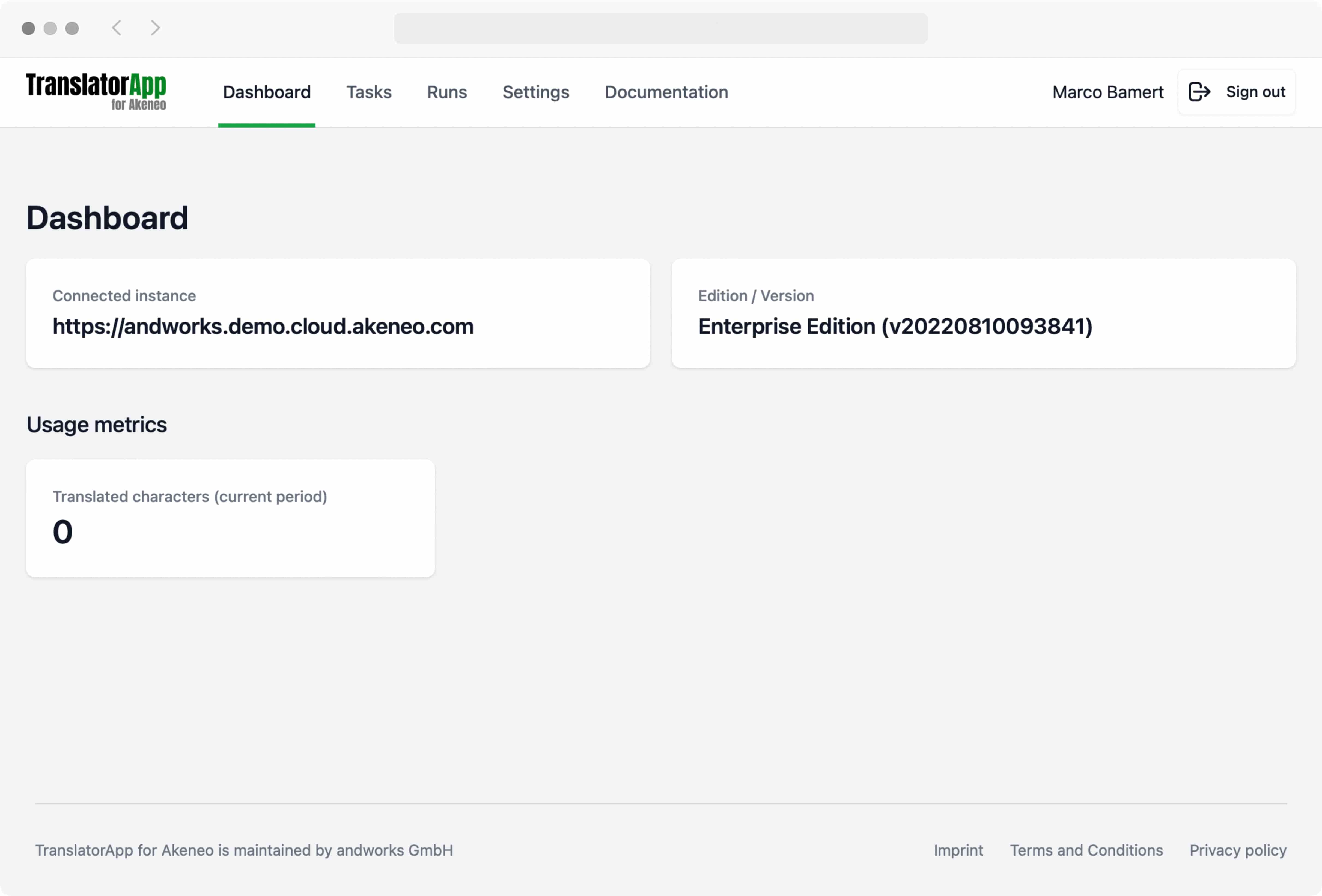 Dashboard of the TranslatorApp